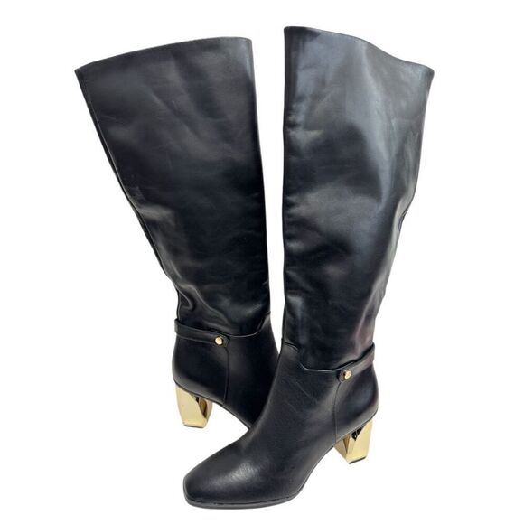Franco Sarto Knee High Boots Size 9 Black Leather Gold Heel Side Zip - Picture 3 of 9